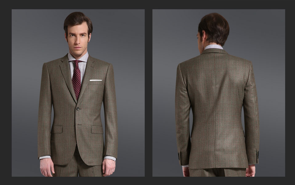 Notch Lapel 100% wool two buttons Khaki checks half-canvas Men's new style business suit